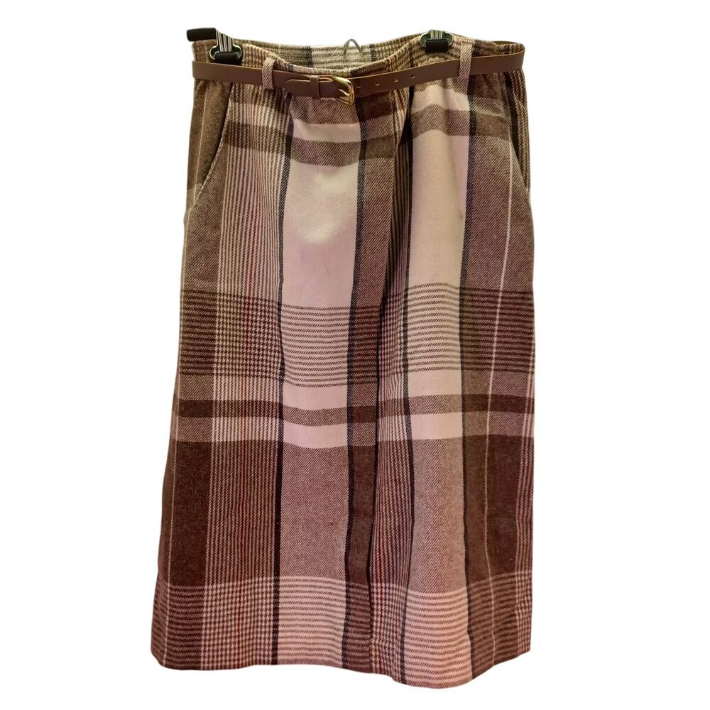 Vintage JBJ Tartan Plaid Wool Blend Skirt Size 12 Brown Cream Midi 80s 90s